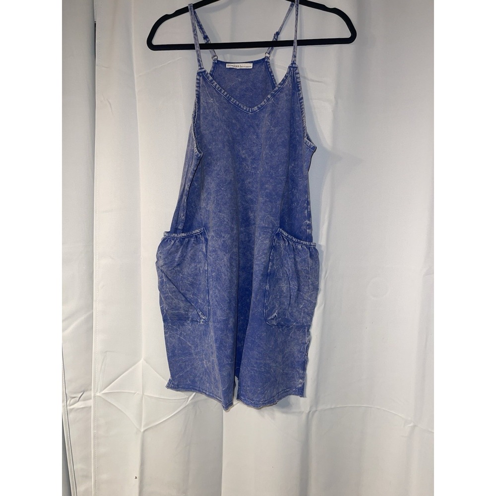 Zenana Blue Acid Wash Romper * Cotton With Stretch * Brand New * Pull On Medium - Picture 2 of 5